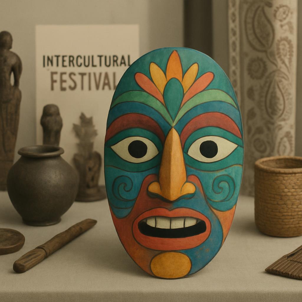 Tutti gli oggetti nello spazio sono reale e di ceramica. La maschera ornata e dorata rappresenta una cultura umana abitati...